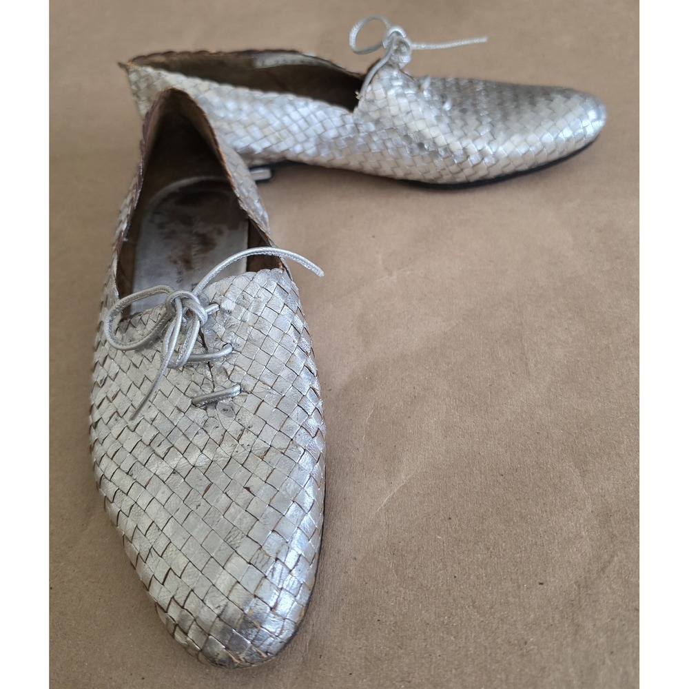 Stephane Kelian Silver Leather Woven Lace Up Oxfords 4.5 Women Made in France
